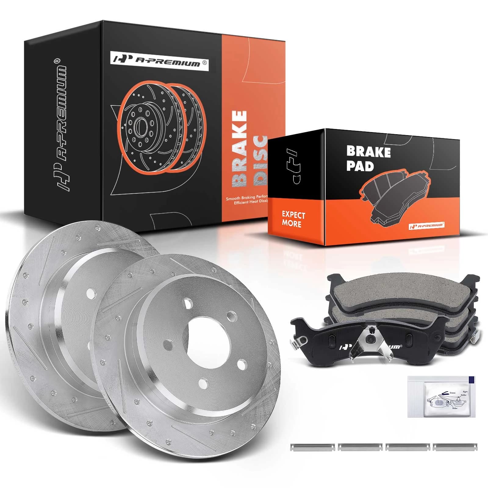 Drilled & Slotted Disc Brake Rotors and Ceramic Pads Kit, 6 Pcs, Rear Driver & Passenger, A-Premium, APBRPS005