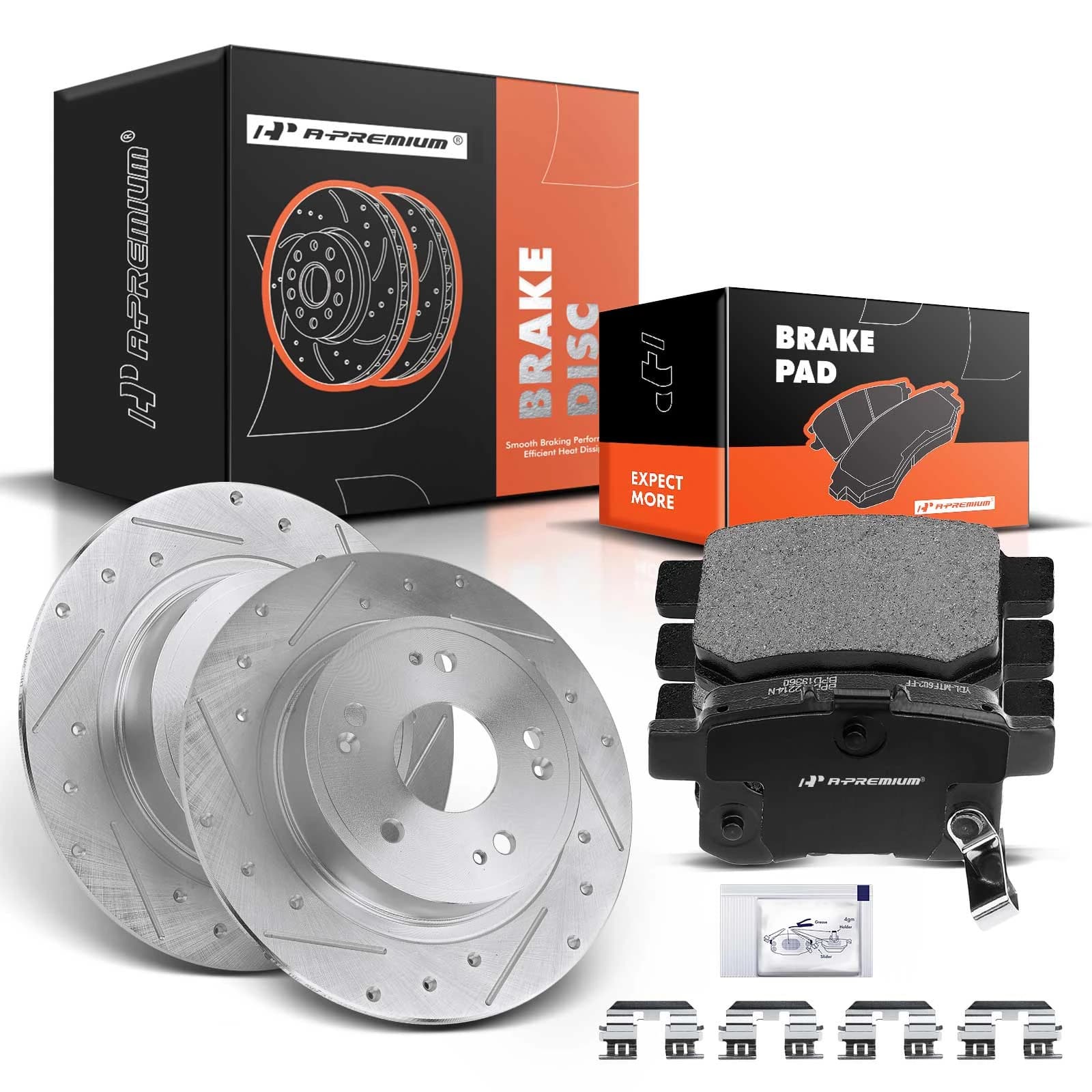 Drilled & Slotted Disc Brake Rotors and Ceramic Pads Kit, 6 Pcs, Rear Driver & Passenger, A-Premium, APBRPS165