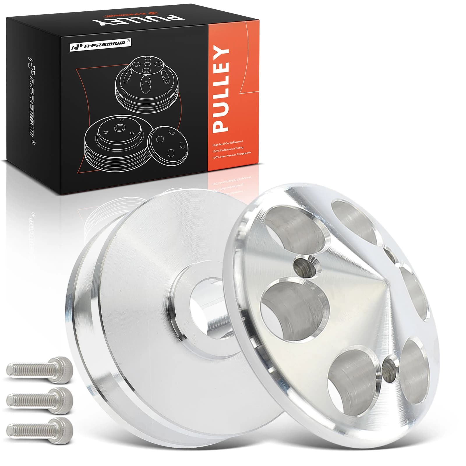 Machined Aluminum SBC LWP Alternator Pulley with Nose Cone Cover for GM and Ford